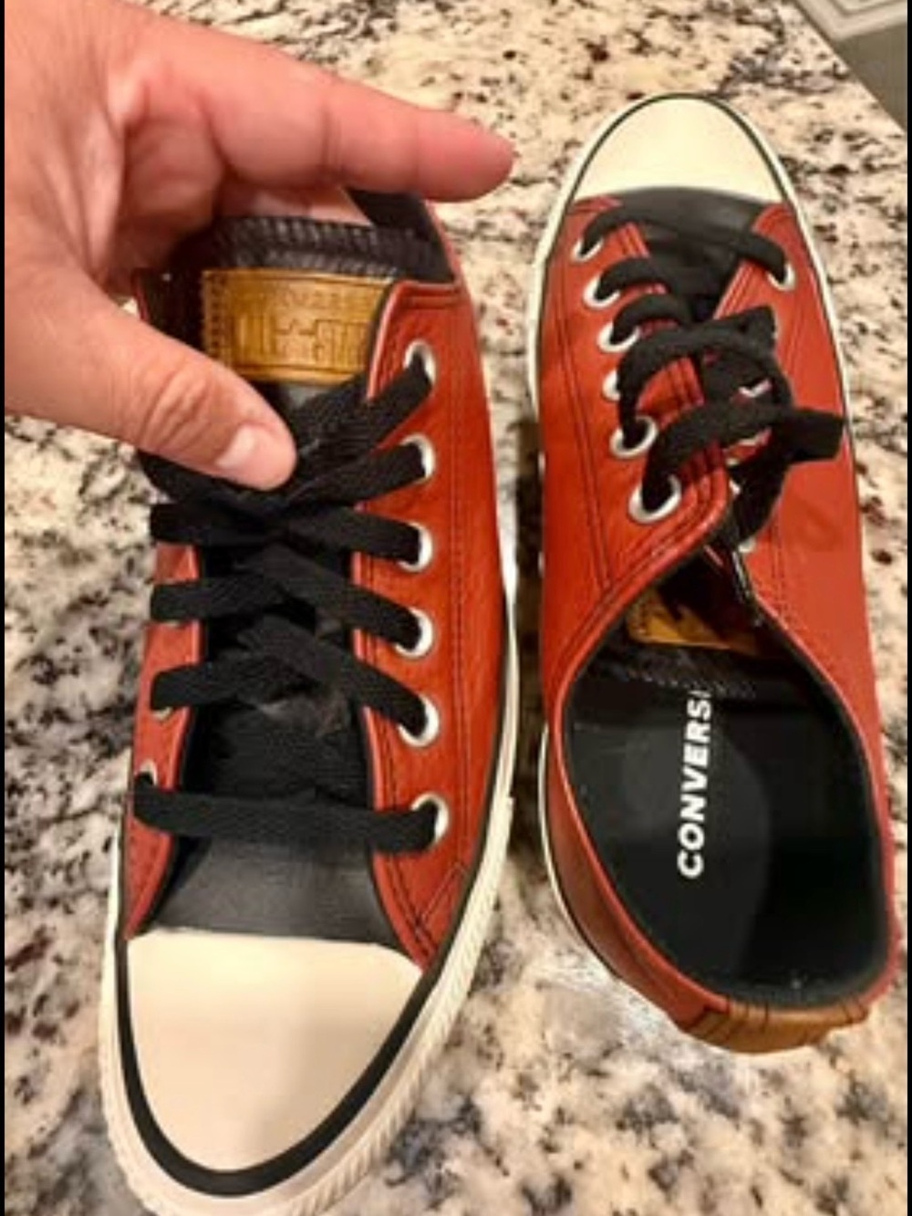 Like *NEW* Custom created young men’s 5 1/2 Converse leather low top maroon/blk
